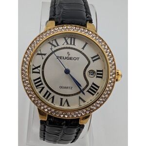 Peugeot Watch Women 36mm Gold Case Rhinestones Black Leather Band- New Battery